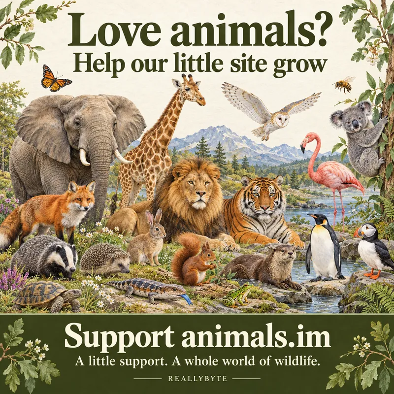 Illustrated poster: a crowd of animals — elephant, giraffe, lion, tiger, fox, badger, hedgehog, penguin, puffin and more — under the words ‘Love animals? Help our little site grow. Support animals.im — a little support, a whole world of wildlife.’